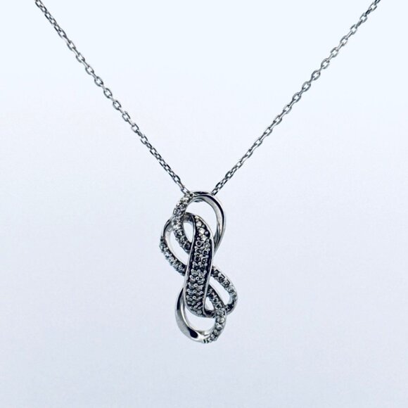 Estate Sterling Silver 925 Infinity Loop Necklace with CZ Accents, 18”, Italy - Picture 1 of 13